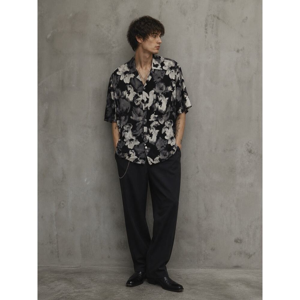 All Saints Mens Dark Floral Satin Hawaiian Camp Shirt XL Relaxed Fit Resort Goth